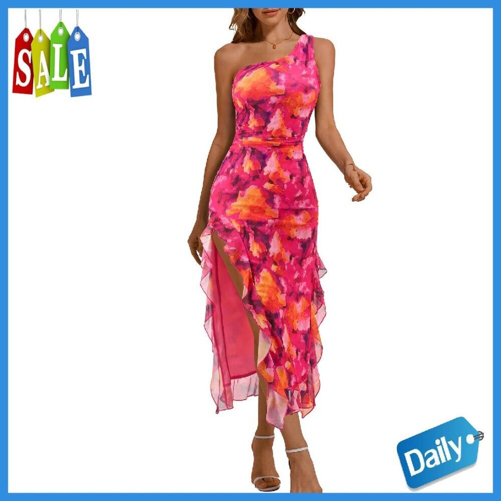 One Shoulder Mesh Maxi Dress Ruched Formal Evening Gown Wedding Guest